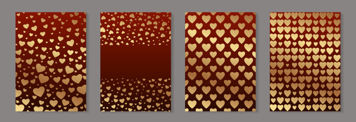 Modern luxury wedding invitation designs or valentine's greeting card templates with golden hearts on a red background.