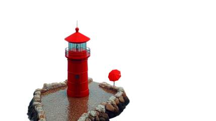A red lighthouse atop a pier by a body of water, sporting a red umbrella
