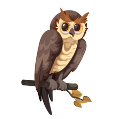 Cute cartoon great horned owl sitting on autumn tree branch. Funny brown forest bird watching with big eyes. Birdwatching, ornithology, nature mascot, cartoon tiger owl on twig vector illustration