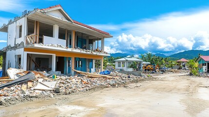 Obraz premium School buildings being reconstructed after a natural disaster.