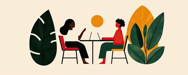 Two people engaged in conversation while working at a table surrounded by abstract plants and a sun, creating a warm and inviting atmosphere.