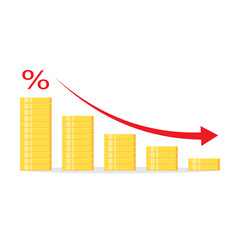 Gold coin stack with arrow down and percentage symbol. Flat design isolated on white background. Economy, finance, money investment symbol, Currency or interest rate decrease concept. 