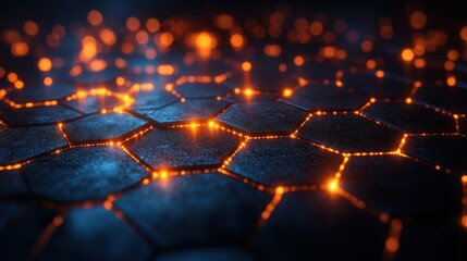 Glowing Orange Lines on Dark Hexagon Pattern