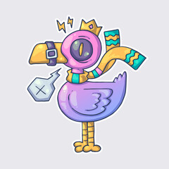 A crazy pink bird. Cartoon vector character. Trendy style. Vector illustration.