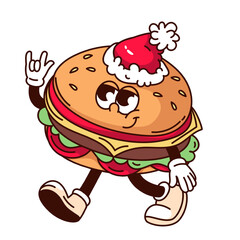 Groovy burger cartoon character in red Santa hat walking. Funny retro hamburger with rock horn gesture. Christmas fast food mascot, cartoon burger sticker of 70s 80s style vector illustration