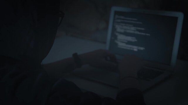 A hacker writes code in the darkness, the glow of the screen illuminating their focused expression.