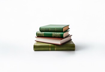 Stack of four hardback books with green and brown covers, isolated on a white background.