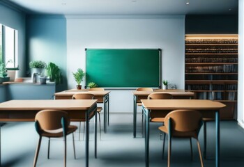Empty classroom with wooden desks, chairs, green chalkboard and shelves in the background.