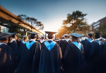 A group of graduates in caps and gowns walk away from the camera in an outdoor setting.