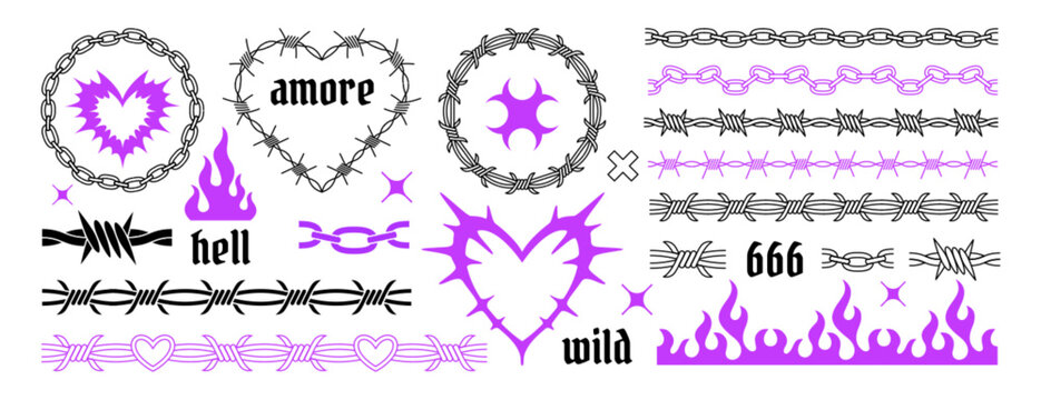 Y2k gothic tattoo set. Neo tribal elements, goth stickers, fire flame, barbed wire heart and punk rock emo chains. Hand drawn neotribal black and violet cyber sigilism icon in trendy psychedelic style