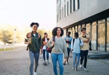A group of students walking on a paved path in front of a modern building.