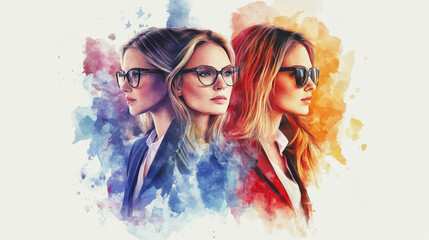 Three women wearing glasses and wearing different colored suits
