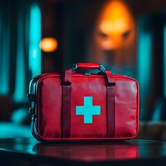 Red emergency kit on a table with soft light