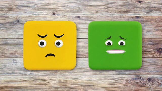 animation captures basic emotions&mdash;joy sadness anger fear surprise&mdash;displayed colorful squares wooden background presented looped stopmotion format visual storytelling emotion face feedback