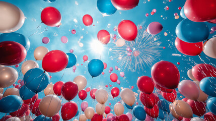 A bunch of balloons in the air with a blue sky in the background