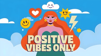 Fototapeta premium Woman with red hair surrounded by positive symbols in a blue sky
