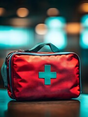 Red emergency kit on a table with soft light