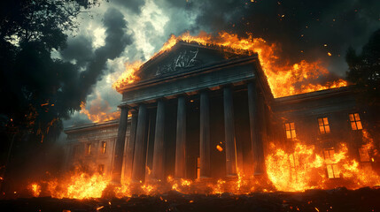 Obraz premium Illustration of a Classical Building Engulfed in a Raging Inferno