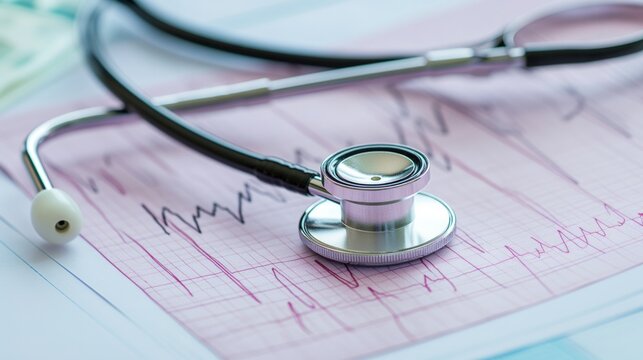 Medical stethoscope and ecg close up, cardiology