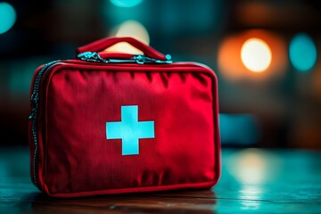 red emergency kit on a table with soft light