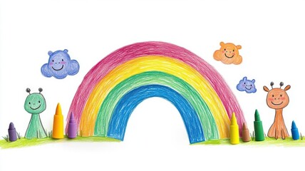 Obraz premium Child s drawing style of a rainbow, with smiling clouds and animals, crayon effect, innocent and creative, vibrant and cheerful
