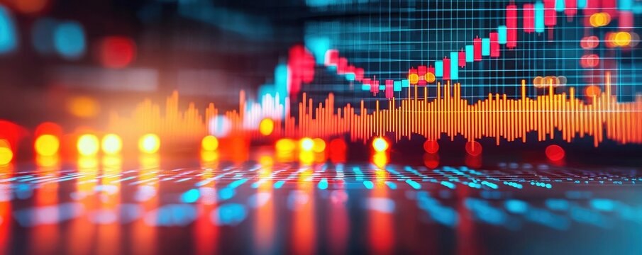 Abstract stock market data visualization with colorful graphs and financial metrics.