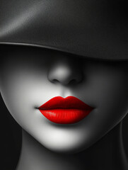 Fototapeta premium A woman's face is shown with a red lipstick and a black hat
