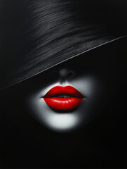 Fototapeta premium A woman's face is shown with a black hat covering her lips