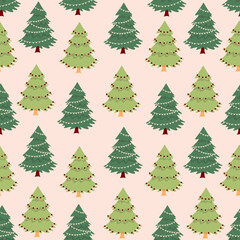 Fototapeta premium Christmas cute winter vector seamless pattern with Christmas trees with decorations. Happy New Year background. For print, menu, wrapping paper, wallpaper, packaging, banner, poster, header
