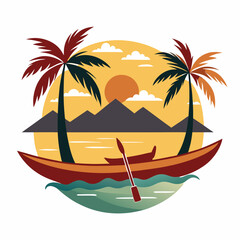 Canoe on river with palm tree silhouette vector illustration on white background