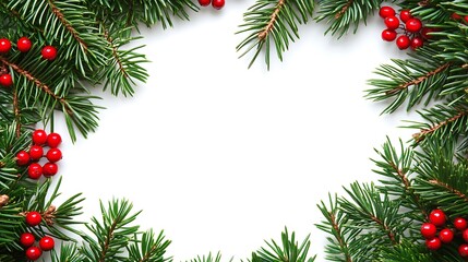 A festive frame of evergreen branches and red berries against a white background.