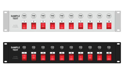 Fototapeta premium 10 channels switching board with individual fuses and switches. Rack mount 2U power distribution panel for 19 inch server rack. Vector illustration in flat style