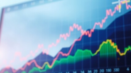Fototapeta premium Blurry financial chart with rising graphs and colorful data lines. Business growth concept