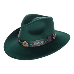 Elegant Green Fedora Hat with Decorative Band on Transparent Background for Fashion Overlays and Design Elements