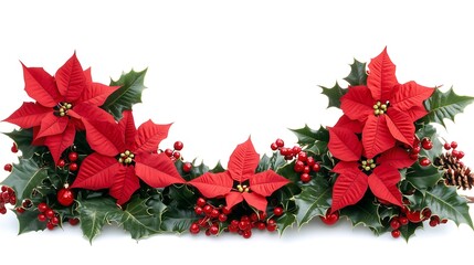 Festive Christmas garland with poinsettias, holly, berries and pine cone.