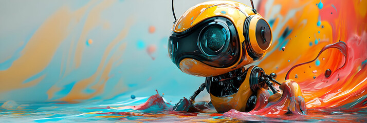 Obraz premium Cute Robot Explores a Vibrant and Abstract World of Liquid Color