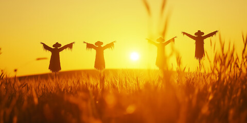 Scarecrows in Golden Fields at Sunset: Vintage tones and horizon light