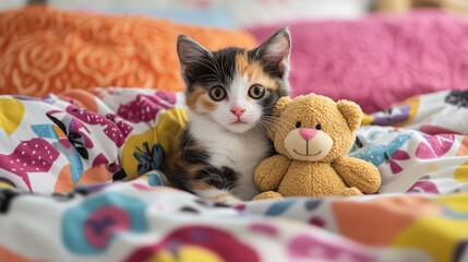 Cute Kitten Playing with Teddy Bear in Bed