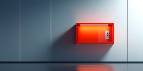 Emergency box red with glass front, empty, rectangular horizontal shaped, on a blank wall, lights, studio, minimal
