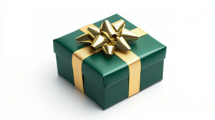 Fototapeta premium Green gift box wrapped with gold bow and ribbon isolated on white background.