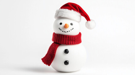 One snowman with red scarf and Santa hat isolated on white background.