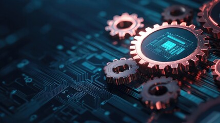 Close-up of copper gears on a circuit board, modern tech background.