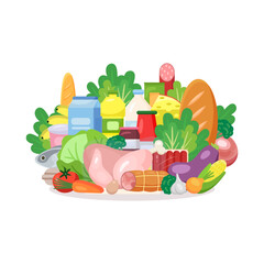 Fresh Food - different food and beverage products - market basket, commodity bundle, grocery shopping. Vector illustration in flat style