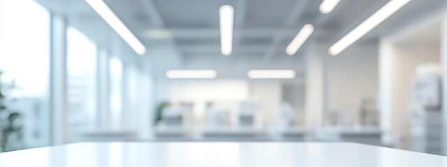Empty white laboratory table workspace with clear natural light blurred background with modern interior design chemistry medicine technology research equipment experiment hospital science innovation