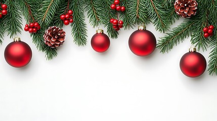 Red Christmas ornaments, pine branches, pine cones and holly berries on white background.