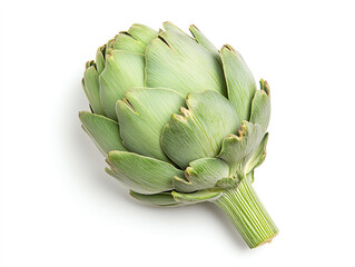 Obraz premium Fresh artichoke on white background, showcasing its vibrant green color and unique texture. This vegetable is perfect for culinary uses and adds touch of nature to any setting