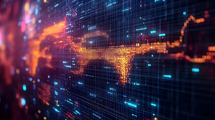 Abstract Digital World Map with Glowing Dots and Grid Background