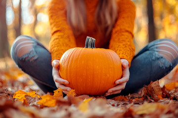 The girl sits in the forest and holds a pumpkin in her hands. Halloween pumpkin. Autumn background