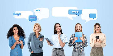 Women using digital devices with speech bubbles on a blue backgr