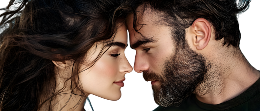 A man and a woman face each other closely, their hair billows in the wind